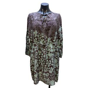 Johnny Was Purple & Mint Silk Floral Print Boho Dress w/Tie Neck  Size S